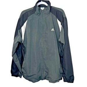 Russell Athletic Jacket Large Track Windbreaker Gray Black Full Zip Mesh Lined